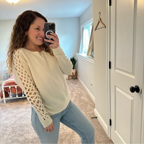 Kinross Cashmere Cream White Cross Hatch Sleeve Sweater XL - Picture 2 of 9